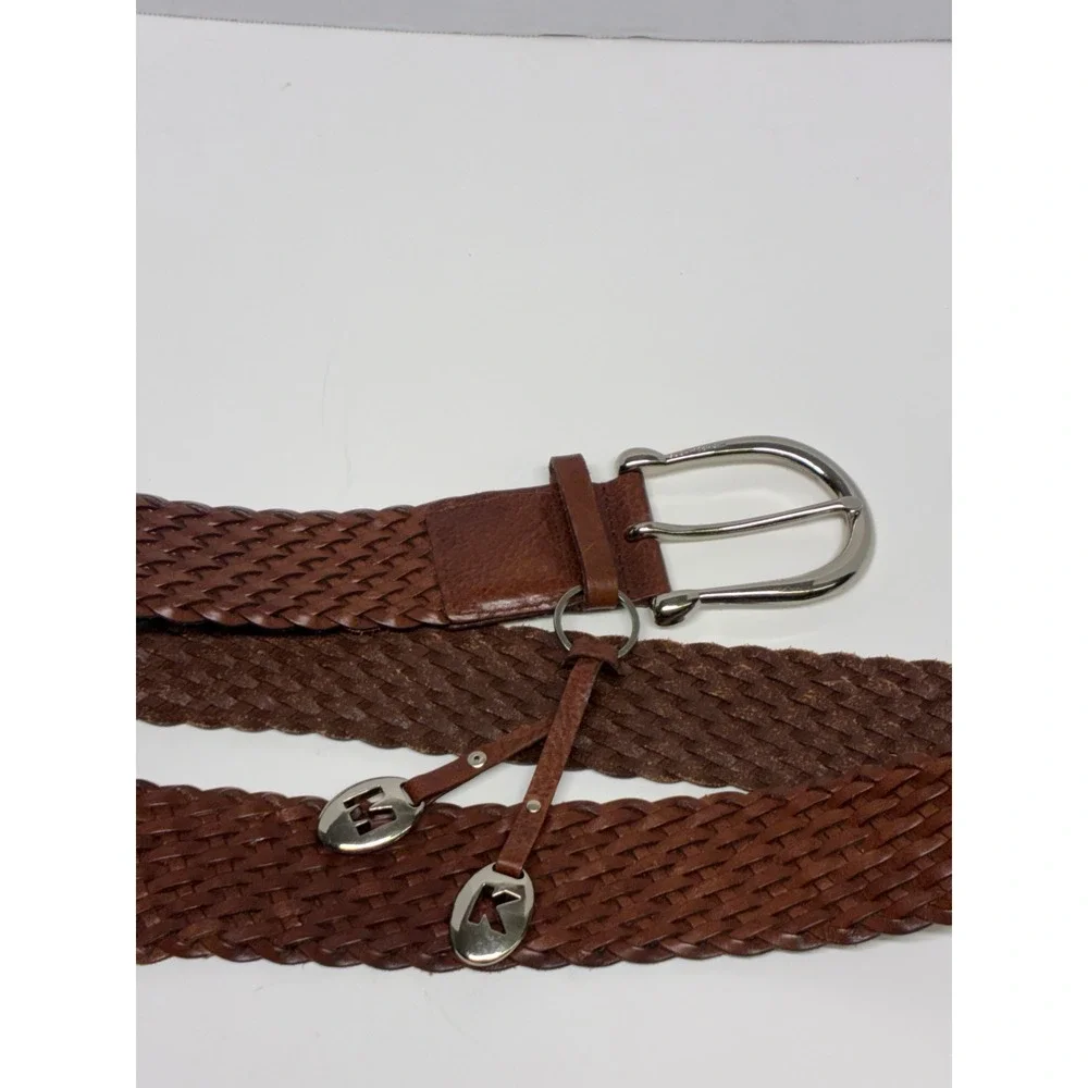 MICHAEL M Kors Brown Braided Leather Belt M Boho Woven Silver MK Charm Wide